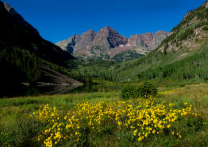 A view of the Maroon Bells, which include some 14ers that are typically climbed during the summer months.