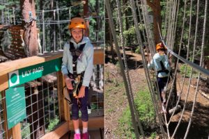 A girl at the Lily Pads course at the Lost Forest adventure park near the Limelight Hotel Snowmass.
